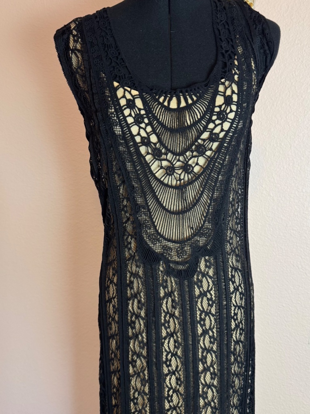 Festival Romantic Gothic Whimsical Black Crochet Love Stitch Maxi Dress Medium